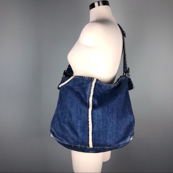Gap 1969 Blue Denim Shearling Hobo Bag Jean Purse - Picture 5 of 14